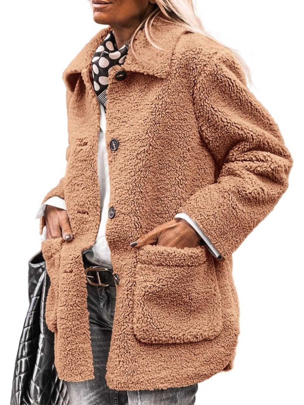 Women's Khaki Fleece Sherpa Coats Winter Outfit Warm Faux Fur Trendy Fall Jacket